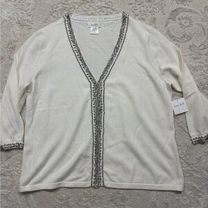 Kate‎ Hill Ivory Beaded Trim Cardigan Sweater XL 100% Cotton NWT